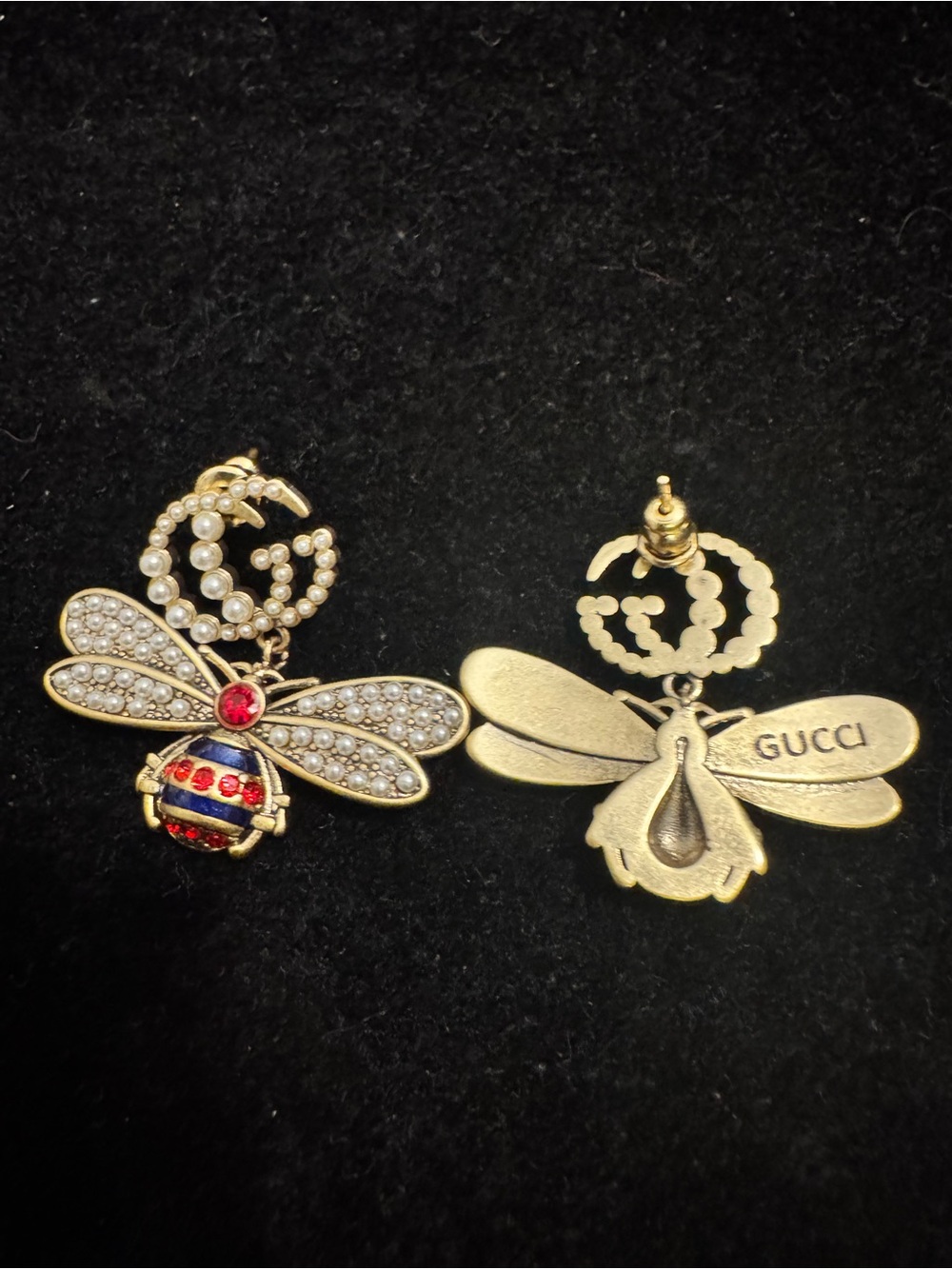 Gucci Gold Bee Drop Earrings with Pearl GG and Red Accents - Picture 3 of 4